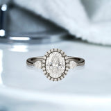 1.15 Ct Oval Moissanite Halo Three-Stone Engagement Ring