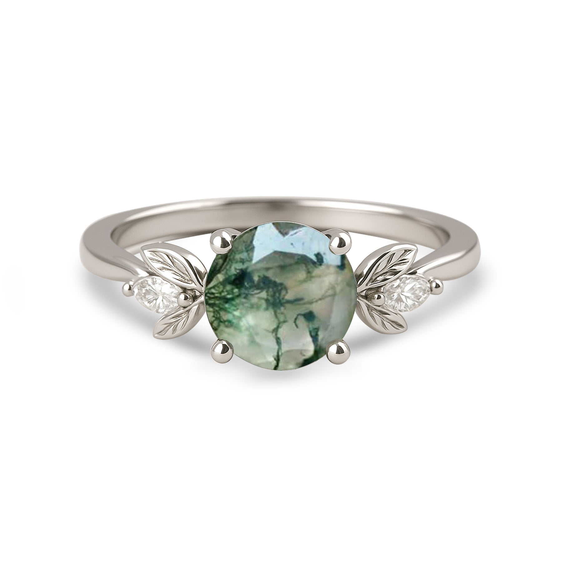 1.05 Ct Round Green Moss Agate Leaf Style Engagement Ring