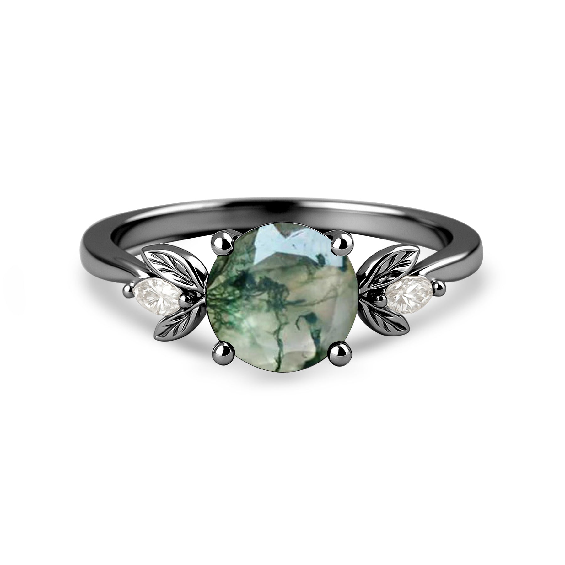 1.05 Ct Round Green Moss Agate Leaf Style Engagement Ring