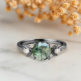 1.05 Ct Round Green Moss Agate Leaf Style Engagement Ring