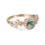 1.10 Ct Round Green Moss Agate Vine Halo Engagement Ring