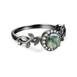 1.10 Ct Round Green Moss Agate Vine Halo Engagement Ring