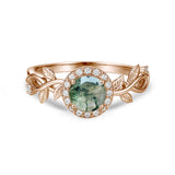 1.10 Ct Round Green Moss Agate Vine Halo Engagement Ring