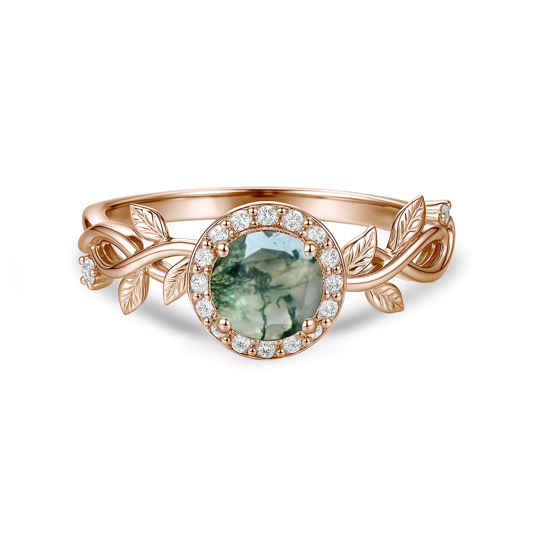 1.10 Ct Round Green Moss Agate Vine Halo Engagement Ring