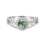 1.10 Ct Round Green Moss Agate Vine Halo Engagement Ring