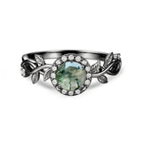 1.10 Ct Round Green Moss Agate Vine Halo Engagement Ring