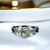 1.10 Ct Round Green Moss Agate Vine Halo Engagement Ring