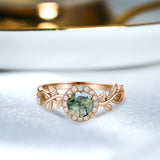 1.10 Ct Round Green Moss Agate Vine Halo Engagement Ring