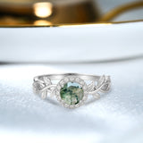 1.10 Ct Round Green Moss Agate Vine Halo Engagement Ring
