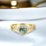 1.10 Ct Round Green Moss Agate Vine Halo Engagement Ring