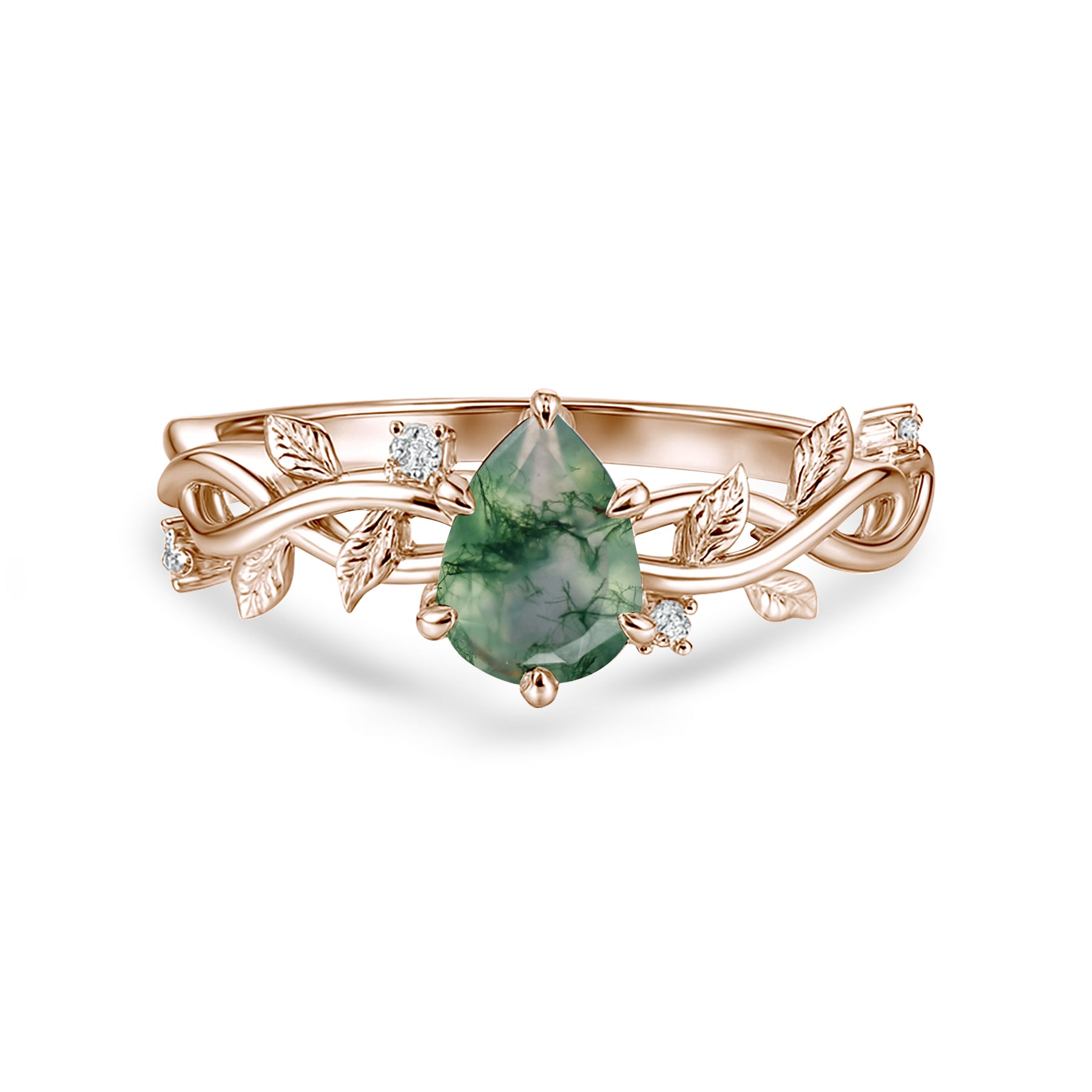 1.05 Ct Pear Green Moss Agate Vine Leaf Engagement Ring