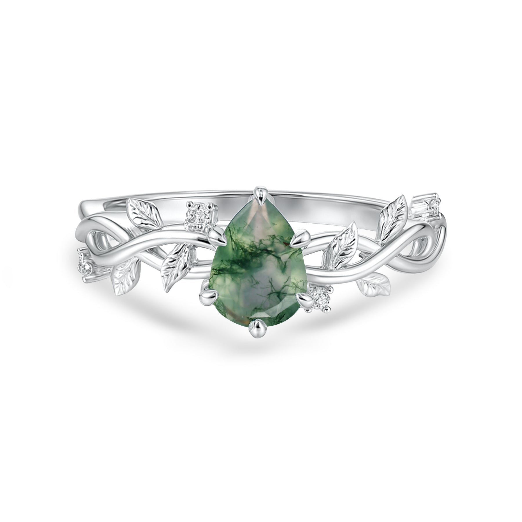 1.05 Ct Pear Green Moss Agate Vine Leaf Engagement Ring