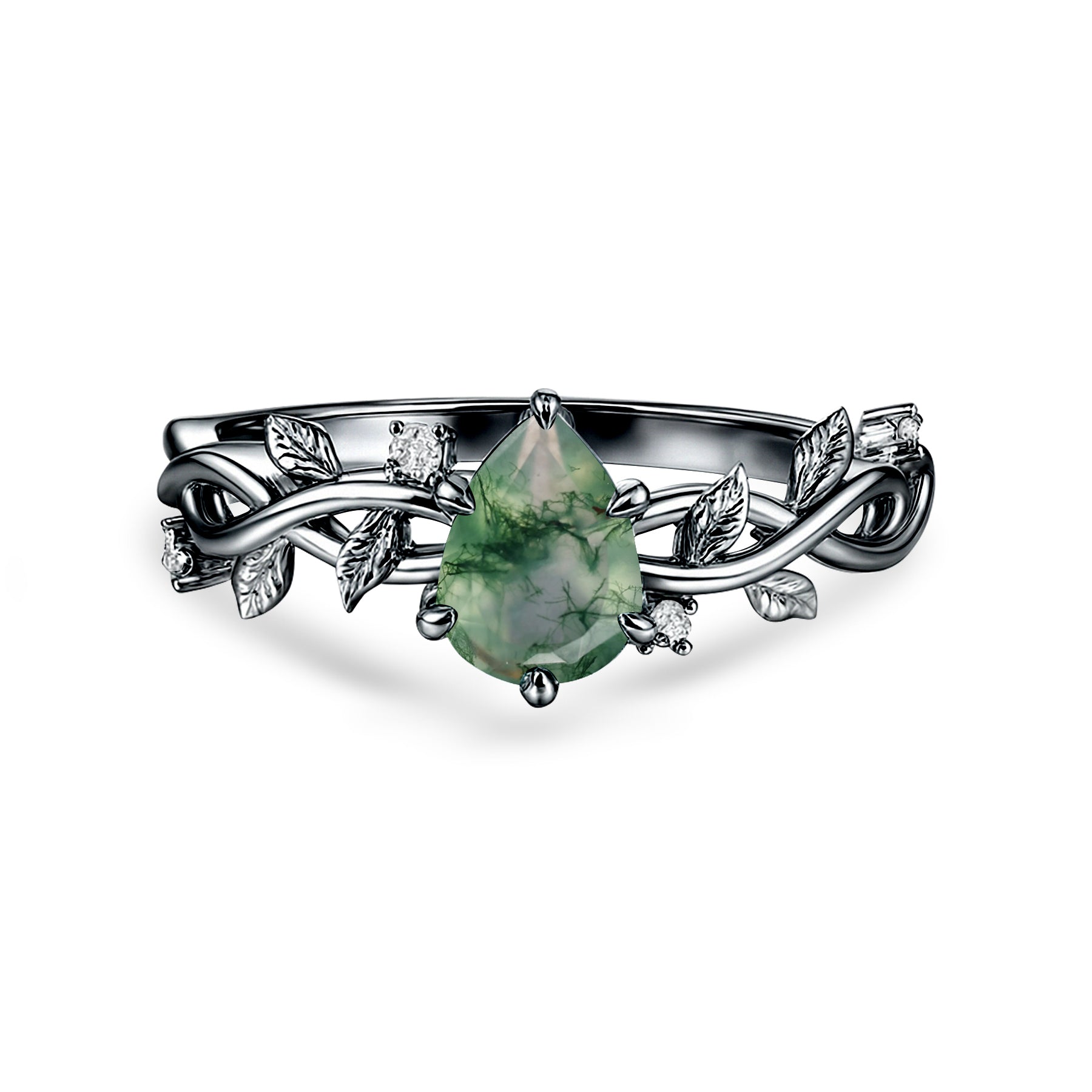 1.05 Ct Pear Green Moss Agate Vine Leaf Engagement Ring