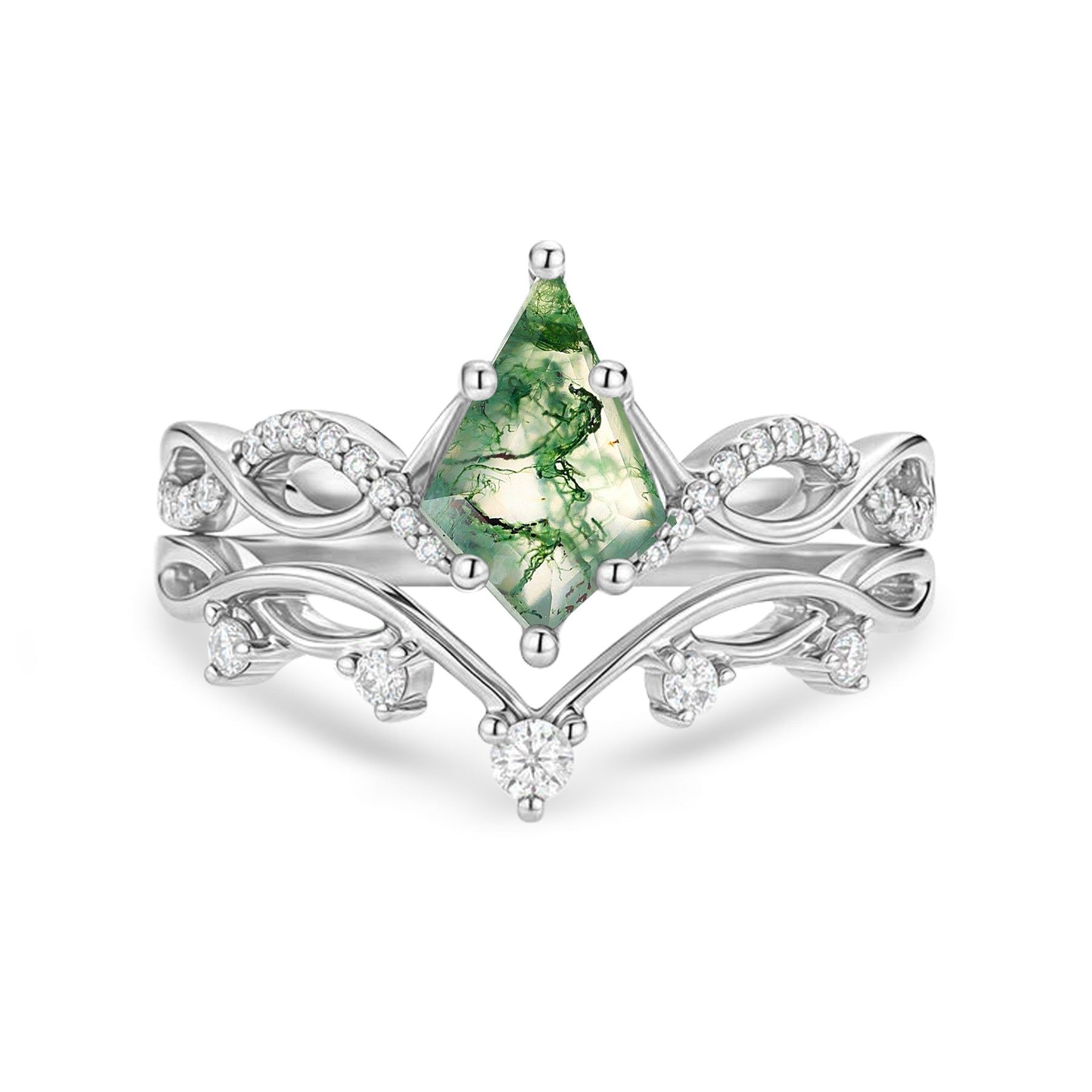 1.15 Ct Kite Green Moss Agate Twisted Vine Bridal Set