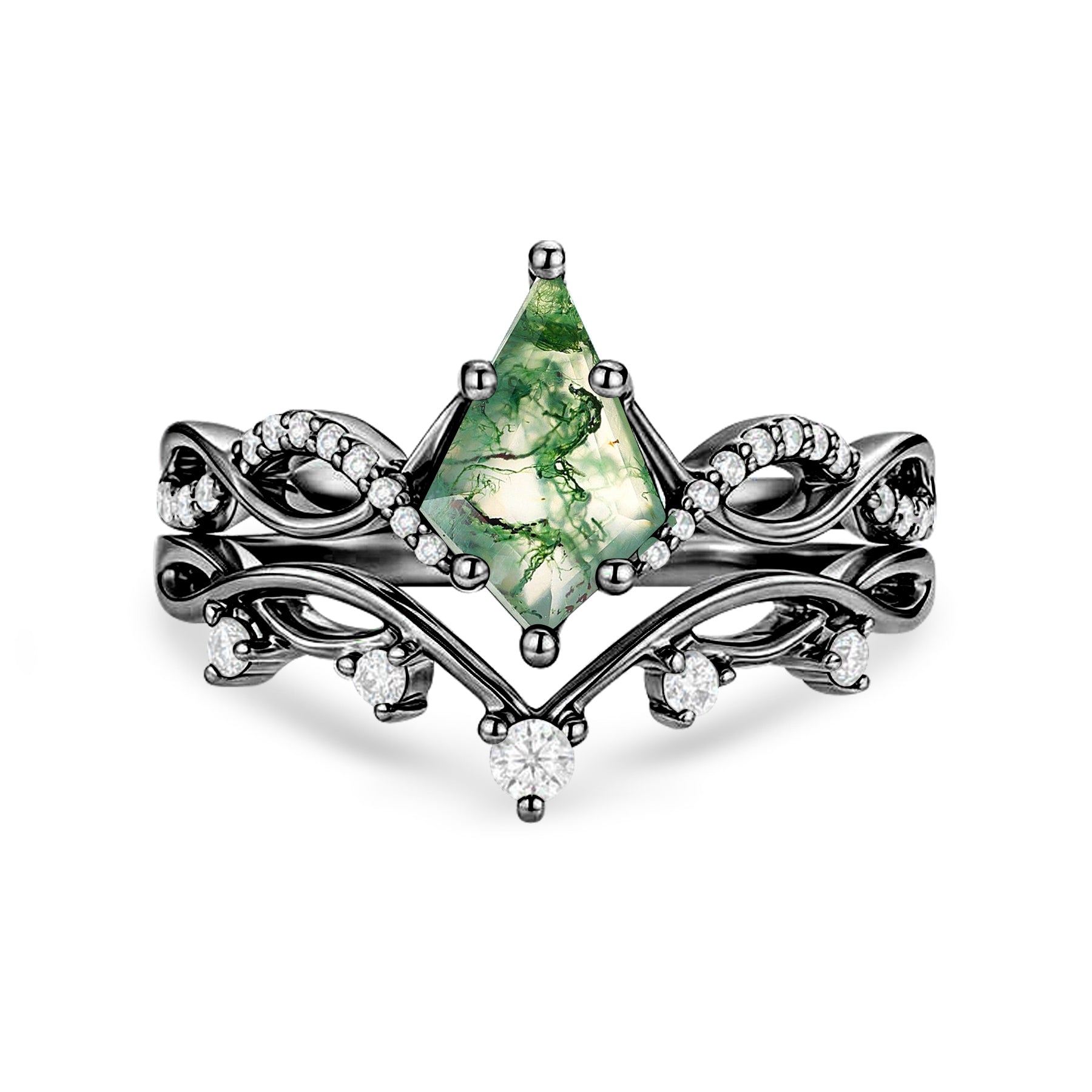 1.15 Ct Kite Green Moss Agate Twisted Vine Bridal Set