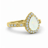1.15 Ct Pear Cut Lab Opal Halo Vintage Filigree Engagement Ring