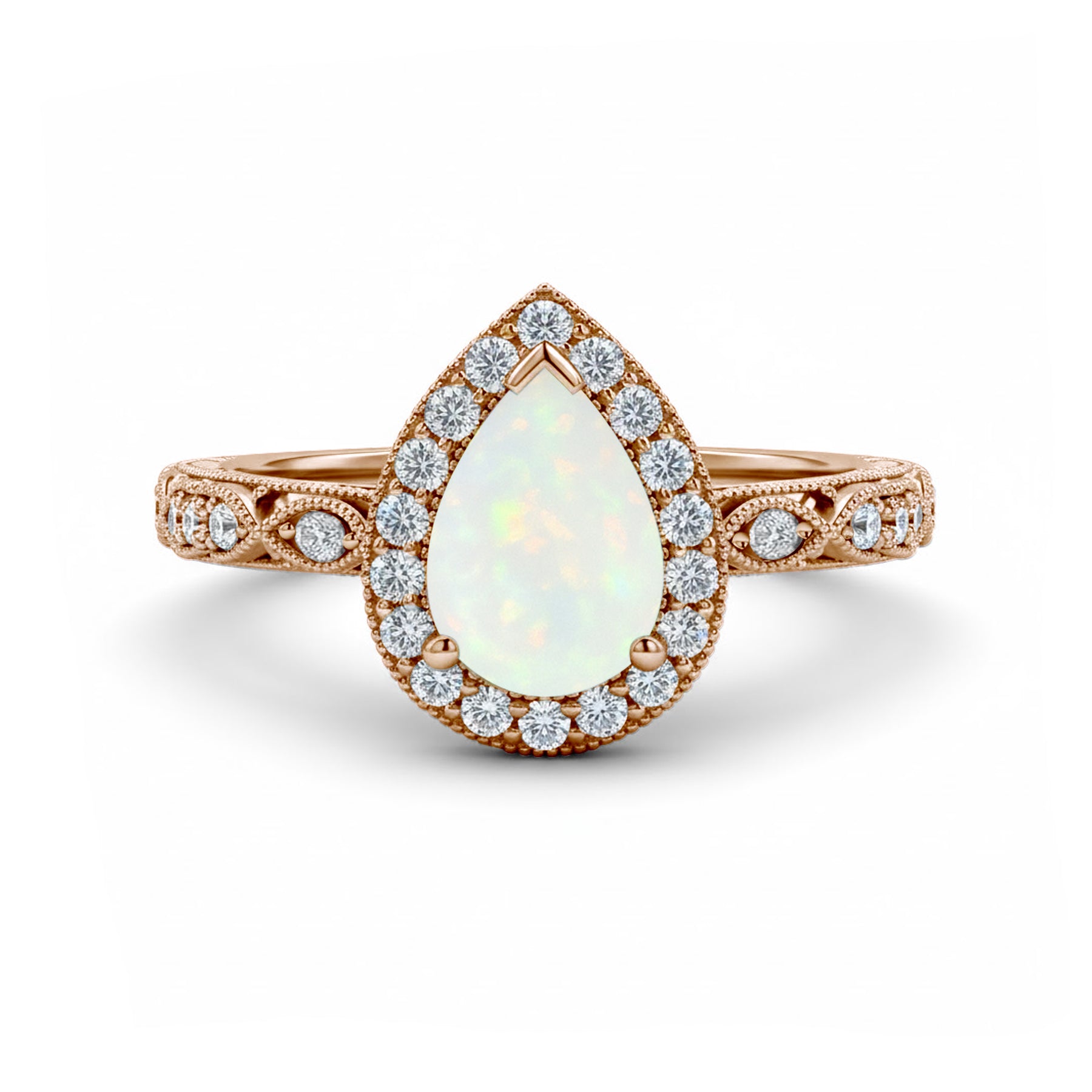 1.15 Ct Pear Cut Lab Opal Halo Vintage Filigree Engagement Ring