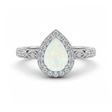 1.15 Ct Pear Cut Lab Opal Halo Vintage Filigree Engagement Ring