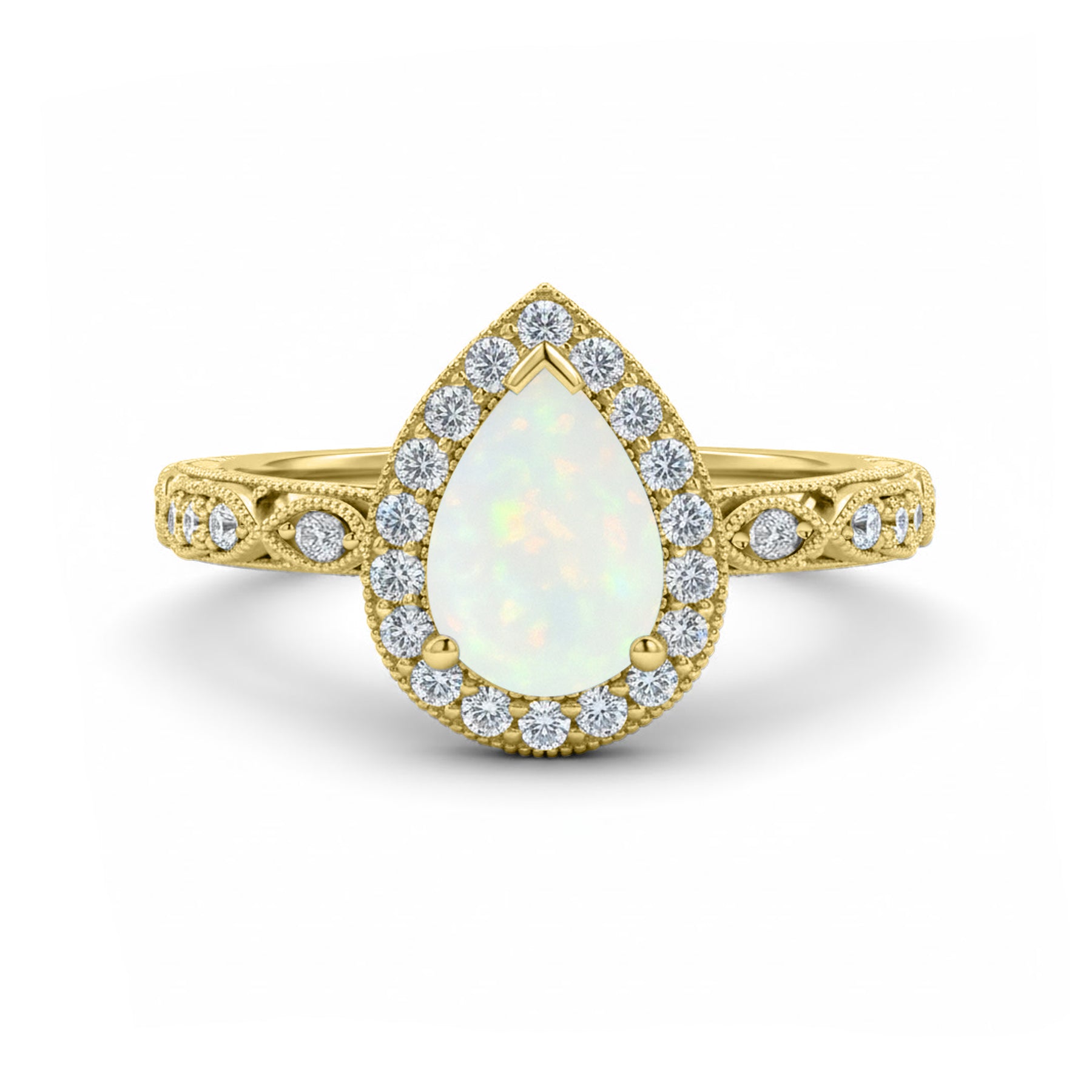 1.15 Ct Pear Cut Lab Opal Halo Vintage Filigree Engagement Ring