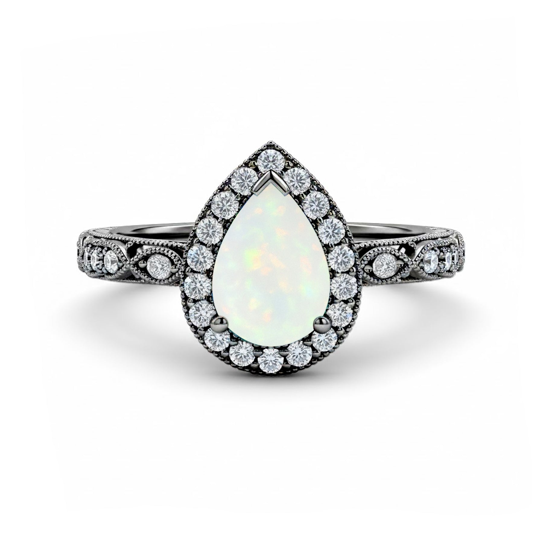 1.15 Ct Pear Cut Lab Opal Halo Vintage Filigree Engagement Ring