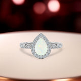1.15 Ct Pear Cut Lab Opal Halo Vintage Filigree Engagement Ring