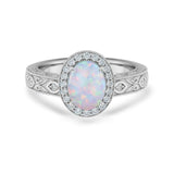 1.15 Ct Oval Cut Lab Opal Halo Antique-Inspired Engagement Ring