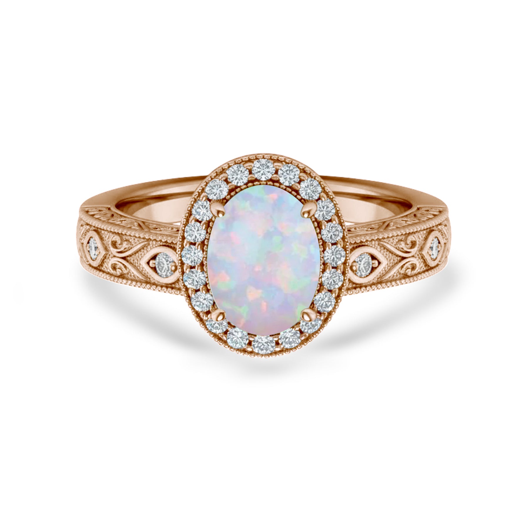 1.15 Ct Oval Cut Lab Opal Halo Antique-Inspired Engagement Ring