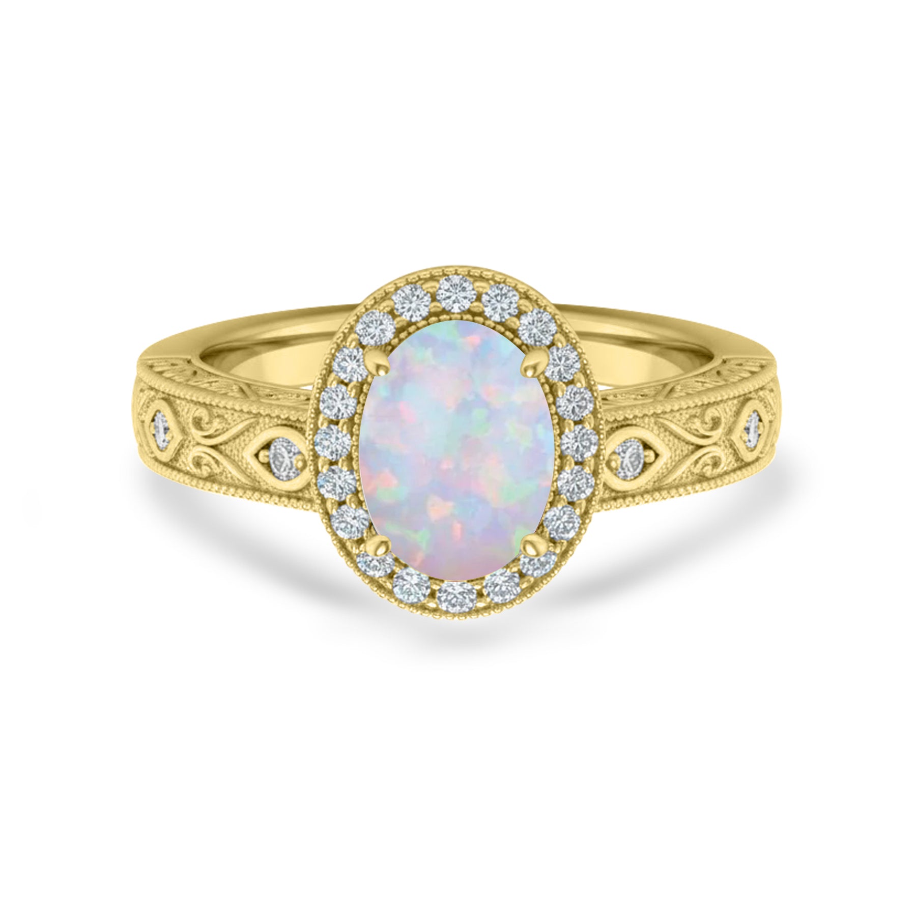 1.15 Ct Oval Cut Lab Opal Halo Antique-Inspired Engagement Ring