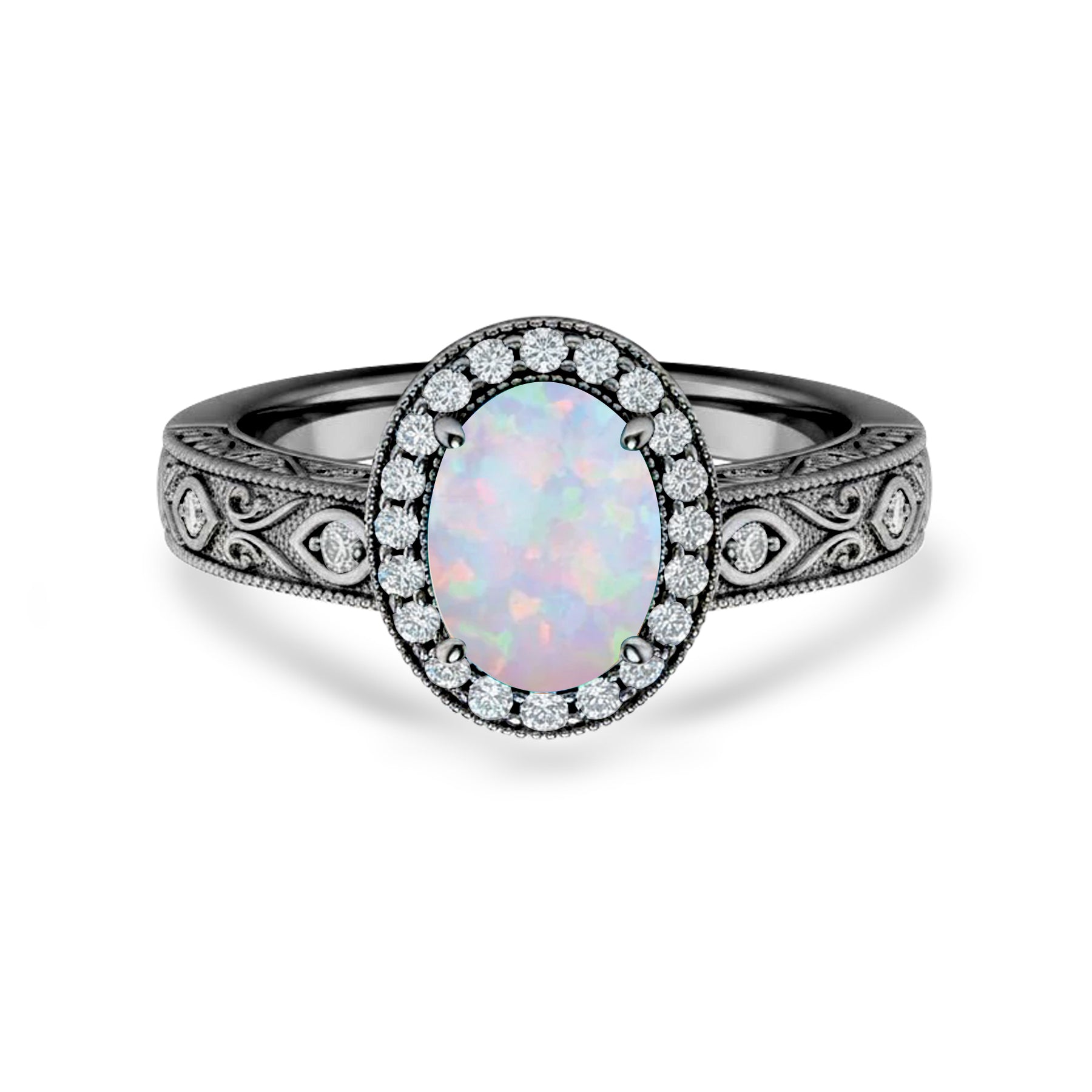 1.15 Ct Oval Cut Lab Opal Halo Antique-Inspired Engagement Ring