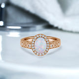 1.15 Ct Oval Cut Lab Opal Halo Antique-Inspired Engagement Ring