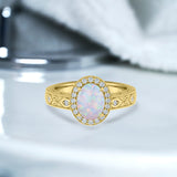 1.15 Ct Oval Cut Lab Opal Halo Antique-Inspired Engagement Ring