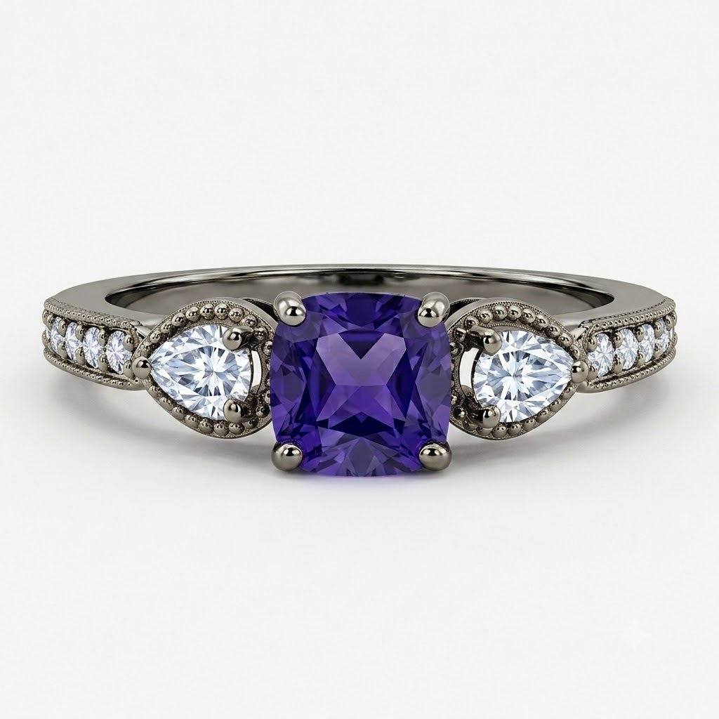 1.35 Ct Cushion Lab Alexandrite Vintage Milgrain Engagement Ring