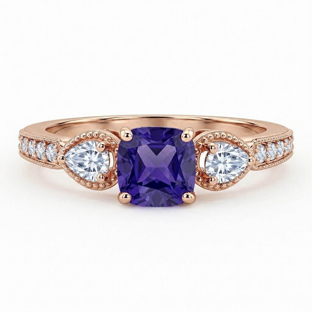 1.35 Ct Cushion Lab Alexandrite Vintage Milgrain Engagement Ring