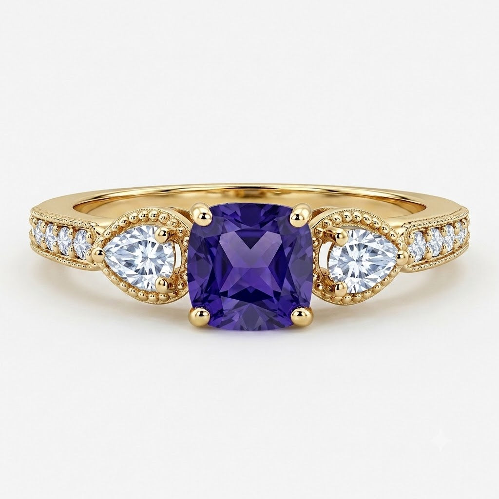 1.35 Ct Cushion Lab Alexandrite Vintage Milgrain Engagement Ring