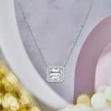 Distinctive 1 carat Emerald Shaped Moissanite - Halo Sideways Emerald - Pendant Necklace in 18K White Gold over Silver