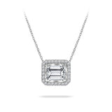Distinctive 1 carat Emerald Shaped Moissanite - Halo Sideways Emerald - Pendant Necklace in 18K White Gold over Silver