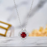 Beautiful 1.15 Carat Flower Halo Round Shaped - Garnet - January Birthstone Pendant Necklace in 18K White Gold over Silver