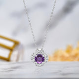 Beautiful 1.15 Carat Flower Halo Round Shaped - Amethyst - February Birthstone Pendant Necklace in 18K White Gold over Silver