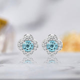 1 carat Beautiful Flower Halo Round Shaped - Blue Topaz - December Birthstone Stud Earrings in 18K White Gold over Silver