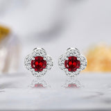 1 carat Beautiful Flower Halo Round Shaped - Garnet - January Birthstone Stud Earrings in 18K White Gold over Silver