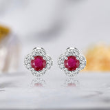 1 carat Beautiful Flower Halo Round Shaped - Ruby - July Birthstone Stud Earrings in 18K White Gold over Silver