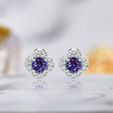 1 carat Beautiful Flower Halo Round Shaped - Alexandrite - June Birthstone Stud Earrings in 18K White Gold over Silver