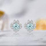 1 carat Beautiful Flower Halo Round Shaped - Aquamarine - March Birthstone Stud Earrings in 18K White Gold over Silver