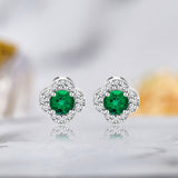 1 carat Beautiful Flower Halo Round Shaped - Emerald - May Birthstone Stud Earrings in 18K White Gold over Silver