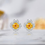1 carat Beautiful Flower Halo Round Shaped - Citrine - November Birthstone Stud Earrings in 18K White Gold over Silver