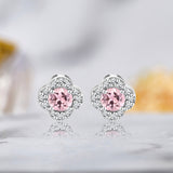 1 carat Beautiful Flower Halo Round Shaped - Pink Tourmaline - October Birthstone Stud Earrings in 18K White Gold over Silver