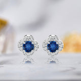 1 carat Beautiful Flower Halo Round Shaped - Blue Sapphire - September Birthstone Stud Earrings in 18K White Gold over Silver