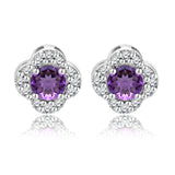 1 carat Beautiful Flower Halo Round Shaped - Amethyst - February Birthstone Stud Earrings in 18K White Gold over Silver