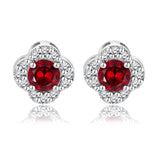 1 carat Beautiful Flower Halo Round Shaped - Garnet - January Birthstone Stud Earrings in 18K White Gold over Silver