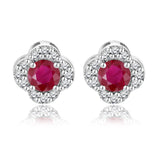 1 carat Beautiful Flower Halo Round Shaped - Ruby - July Birthstone Stud Earrings in 18K White Gold over Silver